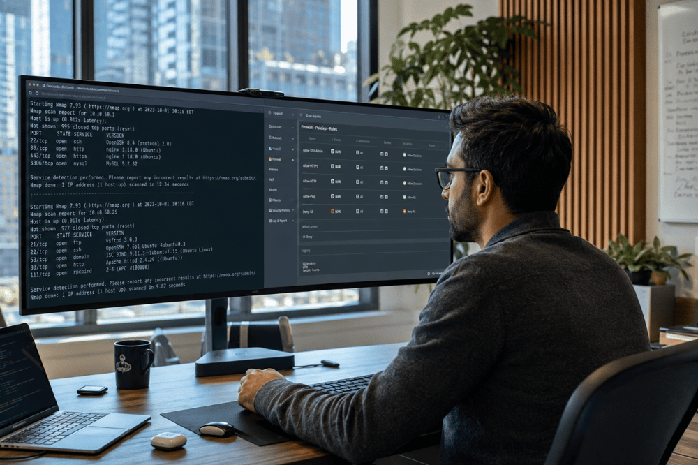 AI image prompt — A premium workspace monitor showing two detailed terminal panels with active security scanning code, Python exploit scripts, and advanced system vulnerability analysis configurations in a sleek warm amber theme.