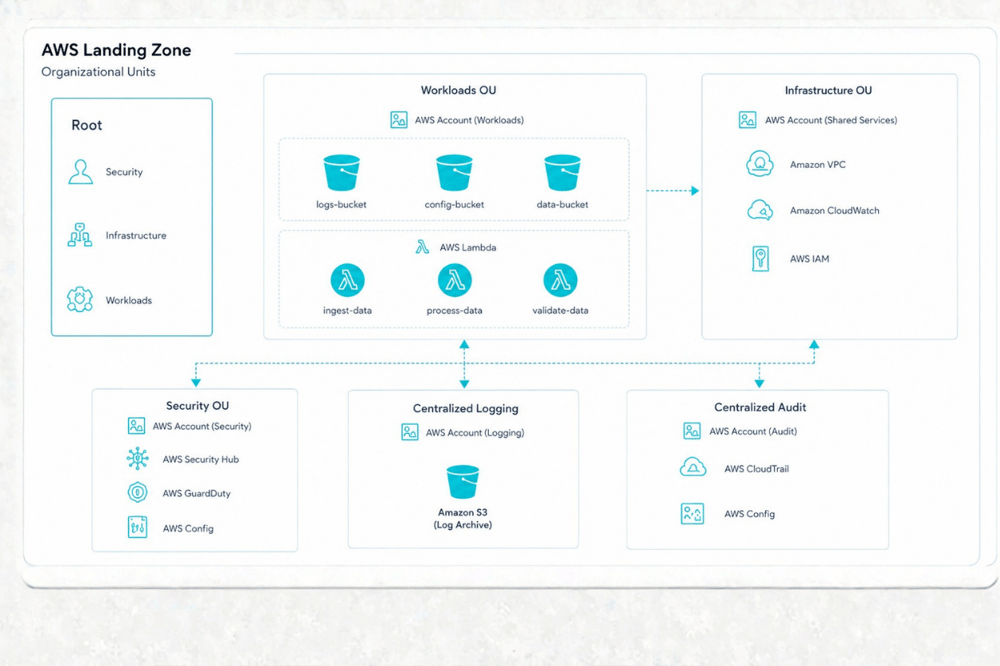 AI image prompt — A clean, bright 3D isometric infographic diagram explaining an AWS IAM assume-role trust chain and least-privilege boundary. Rendered on a minimalist off-white surface with natural soft shadows. Blocks representing Developer Account, CI Role, Cross-Account Role and Production Account are connected by flowing cyan (#00e5ff) wires with small key and shield icons. Studio lighting, professional layout diagram