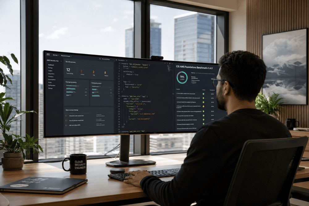 AI image prompt — A realistic candid photograph of a professional cloud security engineer working on a large high-end monitor in a bright office environment. Natural daylight streams through massive windows. The screen shows a clean AWS console, Terraform configuration files and a CIS benchmark compliance dashboard with subtle cyan accents. Potted plants, stylish wood accents, premium corporate office, 8k resolution