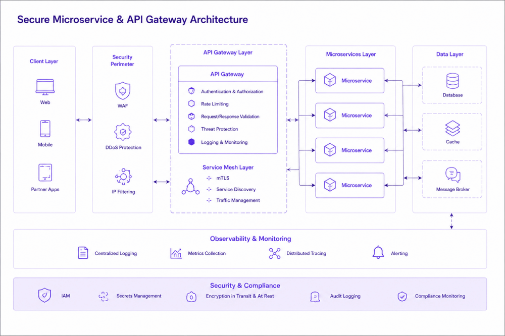 AI image prompt — Ultra-realistic executive presentation scene in a bright boardroom with natural daylight. A professional female security architect presents a secure, multi-layered microservice and API gateway architecture diagram on a large white screen with elegant violet (#7c3aed) line details. Corporate executives listen intently around a sleek modern conference table. Shot on Hasselblad, premium corporate high-end office aesthetic