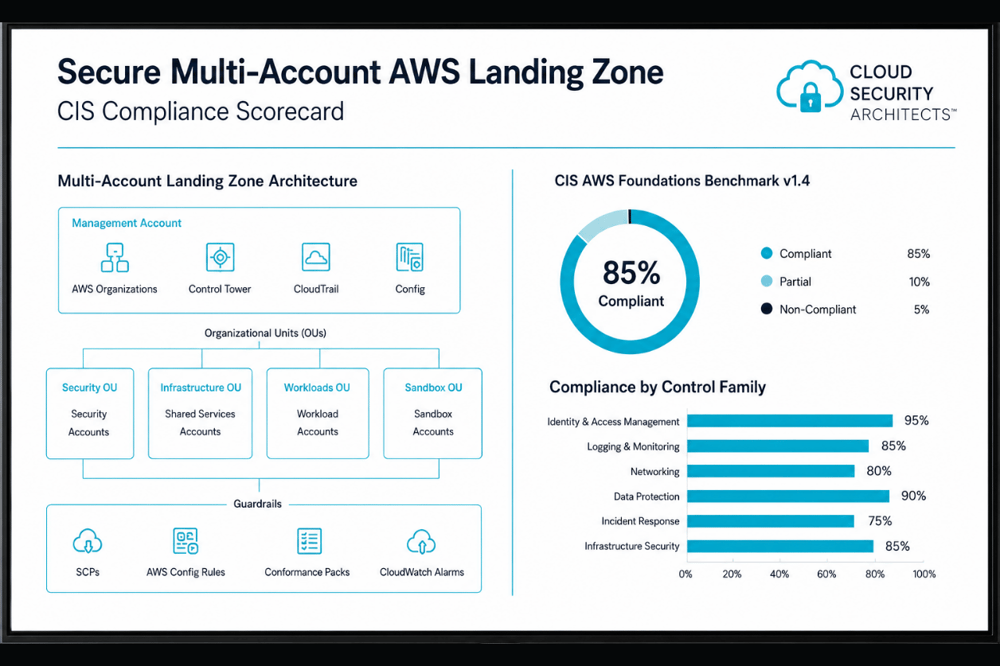 AI image prompt — Ultra-realistic executive presentation scene in a bright boardroom with natural daylight. A professional female cloud security architect presents a secure multi-account AWS landing zone and CIS compliance scorecard on a large white presentation screen with elegant cyan (#00e5ff) line details. Corporate executives listen intently around a sleek modern conference table. Shot on Hasselblad, premium corporate high-end office aesthetic