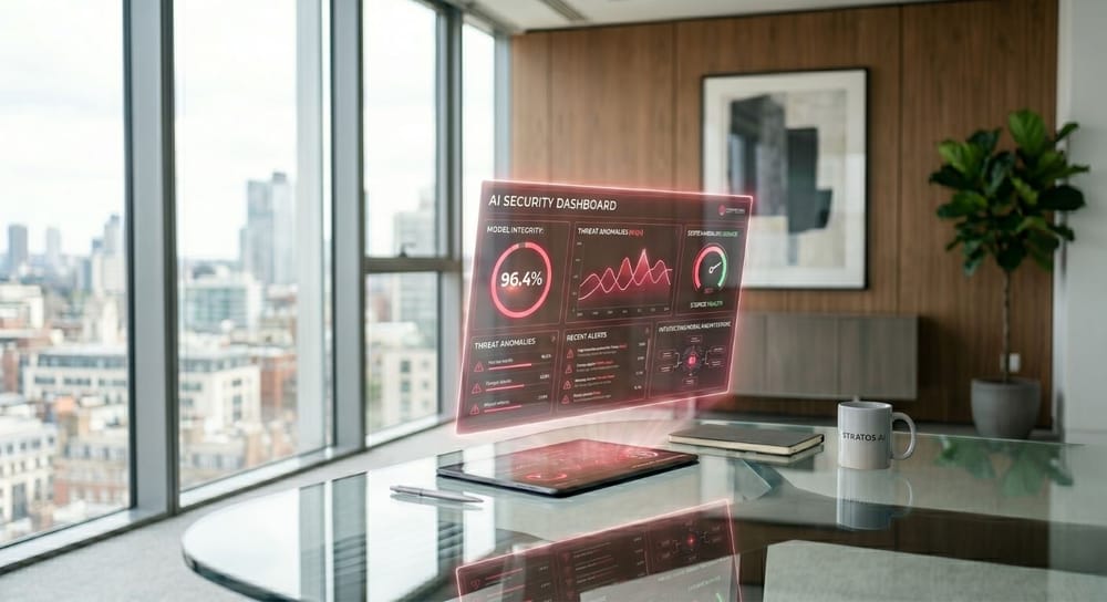 AI image prompt — A highly professional, ultra-realistic corporate photo of a modern cybersecurity operations center in broad daylight. A large white digital screen on the wall displays a vibrant neural network system schema with pinkish-red accents (#f43f5e). Modern light-wood desks, ergonomic chairs, glass partitions, bright natural sunlight pouring in from large windows, realistic 8k photography, crisp focus, commercial enterprise branding aesthetic
