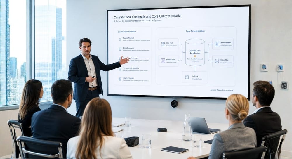 AI image prompt — Ultra-realistic executive presentation scene. A bright boardroom where a presenter stands beside a large white screen illustrating a sleek, light-colored diagram labeled Constitutional Guardrails and Core Context Isolation. The audience is listening intently. Bright corporate daylight, professional presentation, shot on Sony A7R V, 8k