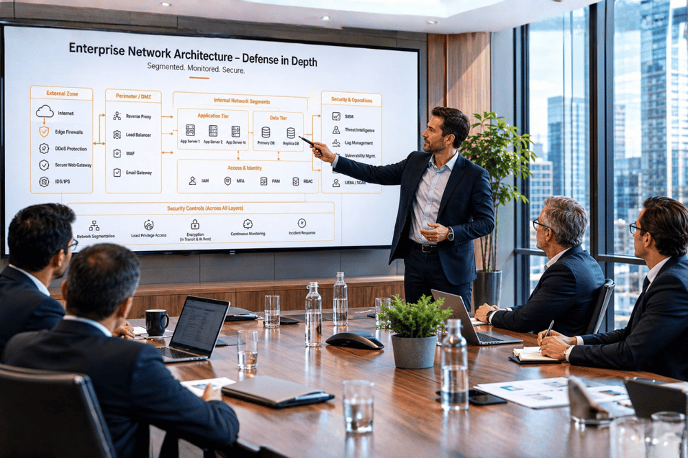 AI image prompt — A highly detailed, professional enterprise network architecture diagram outlining the secure hybrid OT/IT infrastructure, domain controllers, Active Directory boundaries, and multi-layered access controls with elegant amber highlights.