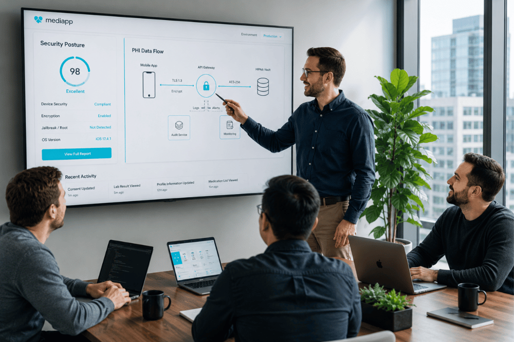 AI image prompt — A highly professional, ultra-realistic corporate photo of a bright mobile product team room in broad daylight. Smiling engineers review a flagship health app prototype on a wall-mounted light dashboard showing device security posture and PHI data-flow diagrams accented with vivid cyan (#00e5ff). Clean desks, green plants, bright daylight, premium commercial workspace aesthetic