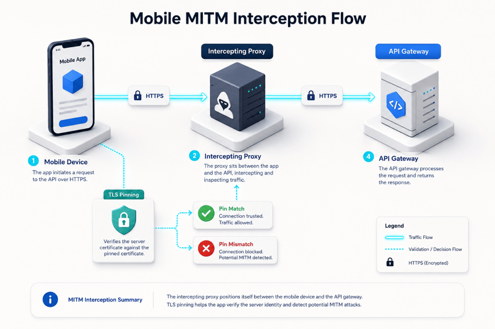AI image prompt — A clean, bright 3D isometric infographic diagram explaining a mobile MITM interception flow. Rendered on a minimalist off-white surface with soft studio shadows. Labeled blocks for Mobile Device, Intercepting Proxy, TLS Pinning, and API Gateway connected by glowing cyan (#00e5ff) flow lines. Elegant vector-art architectural render, professional corporate style