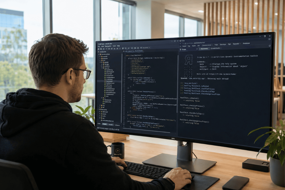 AI image prompt — A realistic candid photograph of a professional mobile security engineer working at a large high-end monitor in a bright office. Natural daylight floods the room. The screen shows a decompiler interface and a Frida instrumentation console. Potted plants, light-wood accents, premium corporate office, 8k resolution