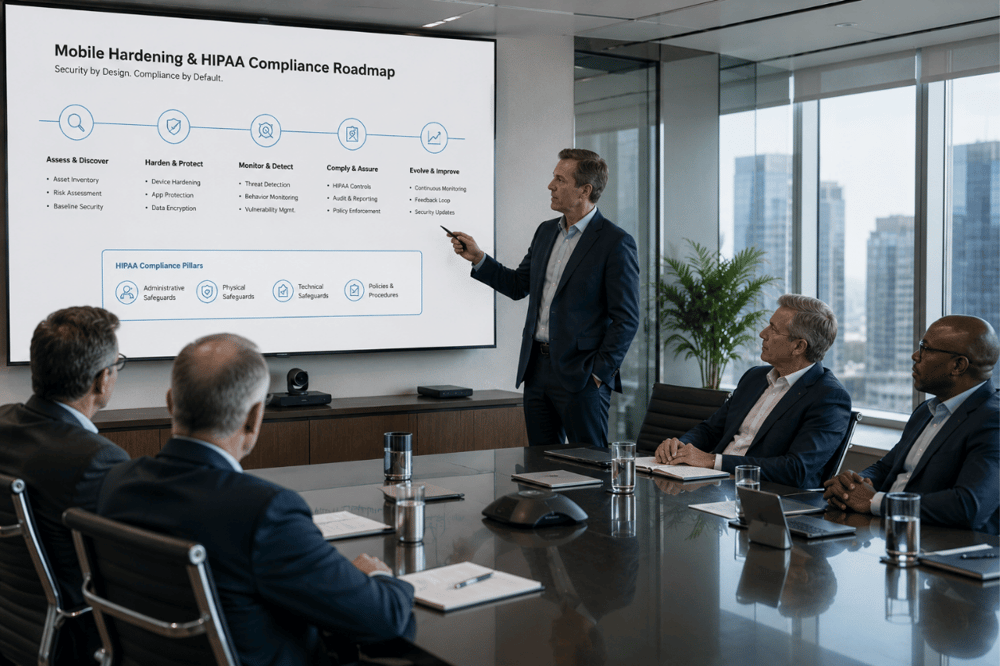 AI image prompt — Ultra-realistic executive presentation scene in a bright boardroom with natural daylight. A professional female security architect presents a mobile hardening and HIPAA-compliance roadmap on a large white screen with elegant cyan (#00e5ff) line details. Executives listen around a sleek modern table. Shot on Hasselblad, premium corporate high-end aesthetic