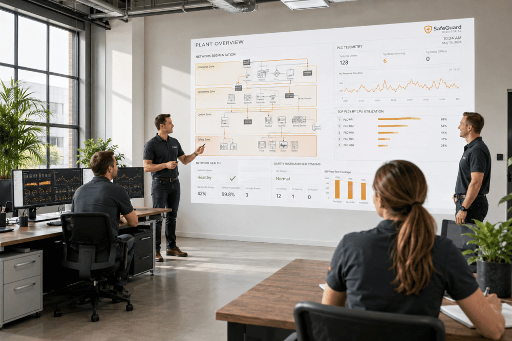 AI image prompt — An elegant, high-fidelity plant overview dashboard displaying real-time industrial control telemetry, PLC nodes, and network segmentation zones of a manufacturing environment. Accented with rich warm amber colors (#f59e0b) to illustrate OT/IT security status across production sites, premium industrial operations center interface.