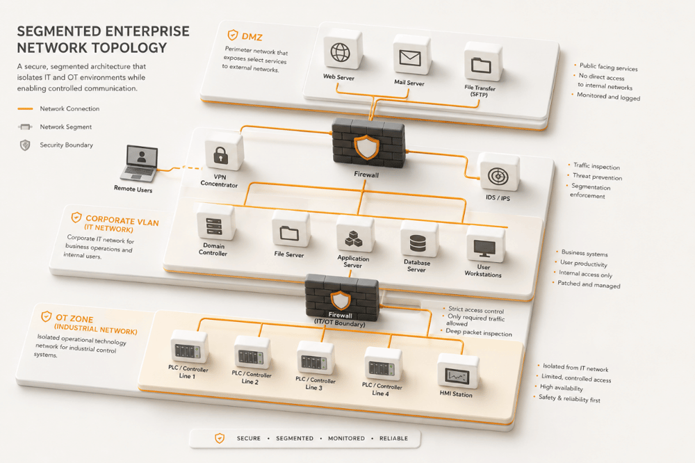 AI image prompt — A clean, bright diagram detailing the segmented enterprise network topology, highlighting clearly defined boundaries between the DMZ, corporate VLAN, and the isolated OT zone. Modern schematic illustrating network routing, secure choke points, and firewall rules in high resolution.