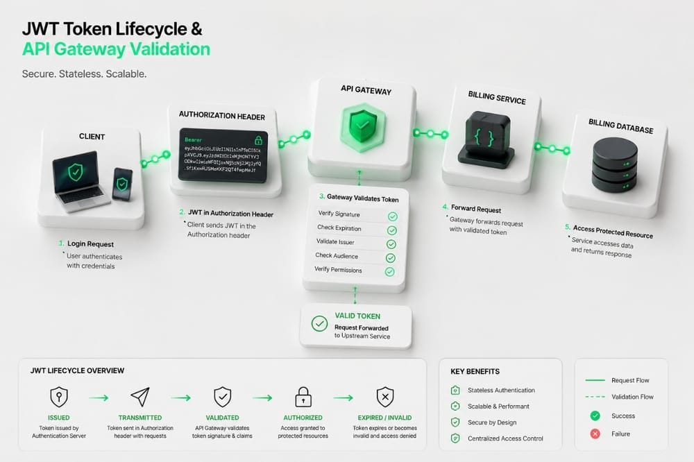 AI image prompt — A clean, bright 3D isometric infographic diagram explaining a secure JWT Token Lifecycle and API Gateway validation process. Rendered on a minimalist off-white surface with natural soft shadows. The blocks representing Client, Authorization Header, API Gateway, and Billing Database are connected by flowing mint-green (#00ff88) wires. Studio lighting, professional layout diagram
