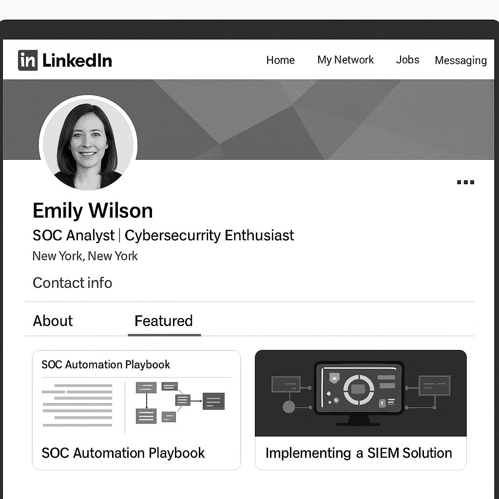 LinkedIn profile mockup for an aspiring SOC analyst
