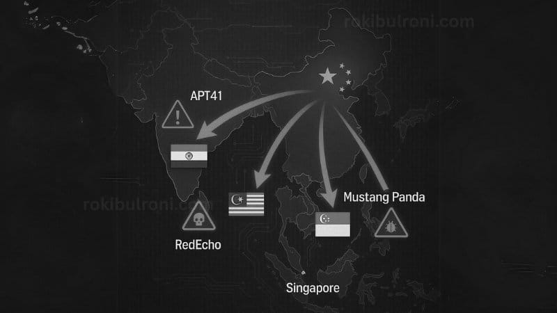 Map of Southeast Asia showing cyberattacks from China-linked APTs targeting countries like Malaysia and Singapore