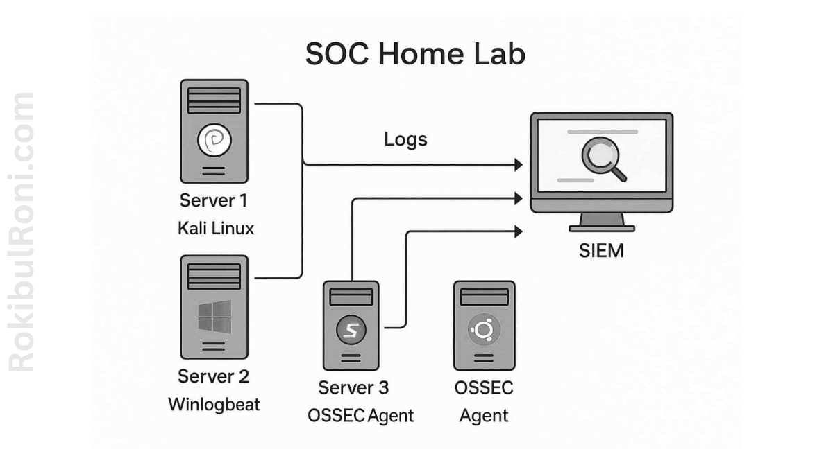 Network topology showing workstation VMs sending security telemetry to a central SIEM server